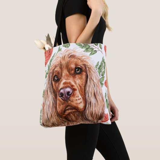 Cute Red Spaniel met Roos Flower Pattern Tote Bag (Dichtbij)