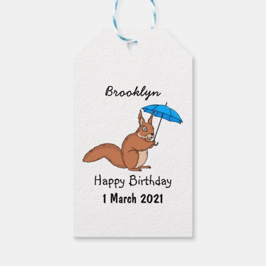 Cute red squirrel met paraplu-cartoon cadeaulabel (Achterkant)