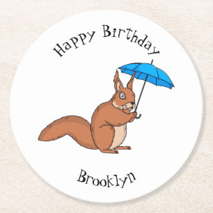 Cute red squirrel met paraplu-cartoon ronde kartonnen onderzetter