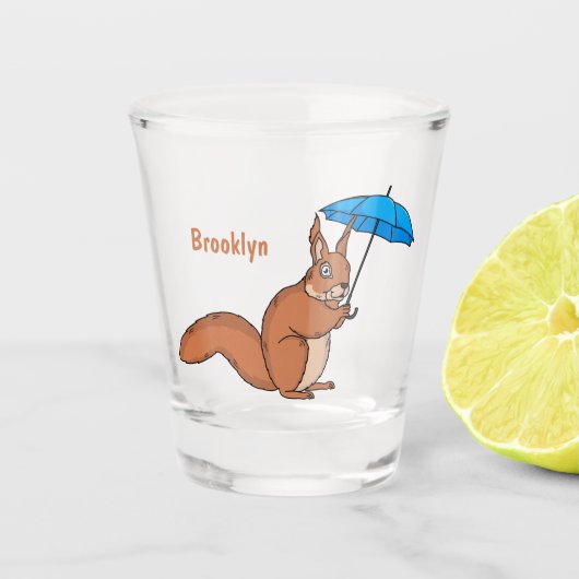 Cute red squirrel met paraplu-cartoon shot glas (Voorkant)