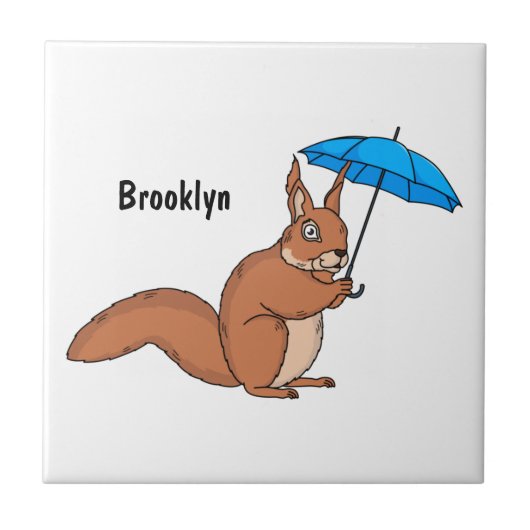 Cute red squirrel met paraplu-cartoon tegeltje (Voorkant)