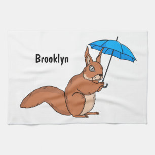 Cute red squirrel met paraplu-cartoon theedoek