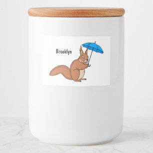 Cute red squirrel met paraplu-cartoon voedselcontainer etiket