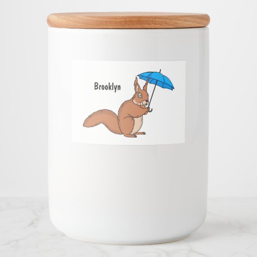 Cute red squirrel met paraplu-cartoon voedselcontainer etiket (Voorkant)