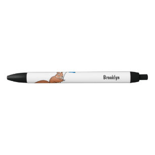 Cute red squirrel met paraplu-cartoon zwarte inkt pen