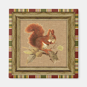 Cute Red Squirrel op Faux Jute Burlap textuur Magneet