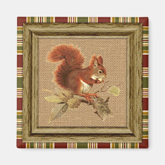 Cute Red Squirrel op Faux Jute Burlap textuur Magneet (Voorkant)