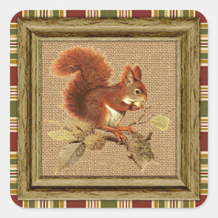 Cute Red Squirrel op Faux Jute Burlap Vierkante Sticker