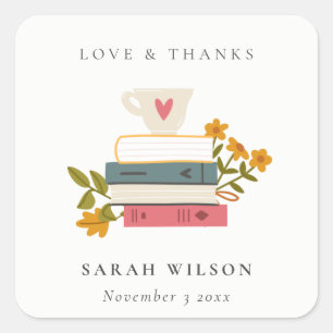 Cute Red Stapked Storybooks Floral Wedding Vierkante Sticker