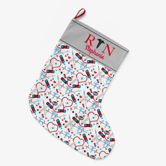 Cute Red Stethoscope Nurse | Doctor EKG Pattern   Grote Kerstsok (Voorkant (Hangend))