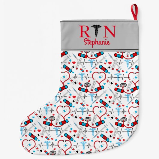 Cute Red Stethoscope Nurse | Doctor EKG Pattern   Grote Kerstsok (Achterkant)