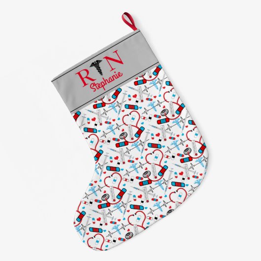 Cute Red Stethoscope Nurse | Doctor EKG Pattern   Grote Kerstsok (Achterkant (Hangend))