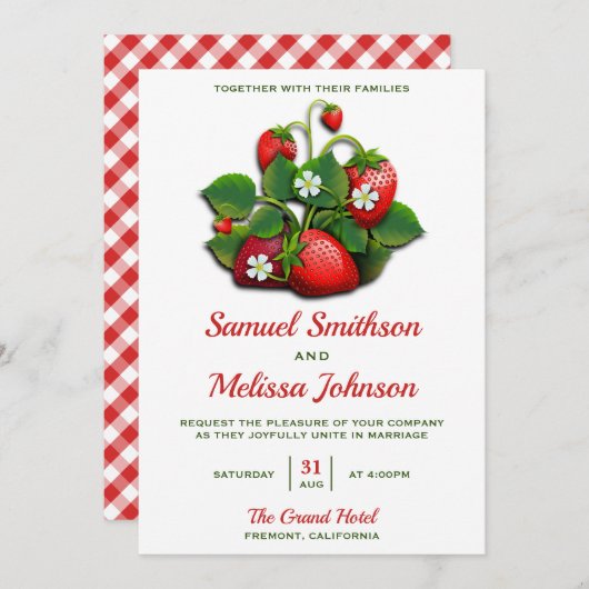 Cute Red Strawberries Bouquet Wedding Invitation Kaart (Voorkant / Achterkant)
