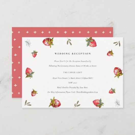 Cute Red Strawberry Leaf Foliage Weddenschap Recep Informatiekaartje (Voorkant / Achterkant)