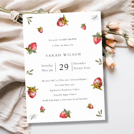 Cute Red Strawberry Leafy Baby shower Invite Bedankkaart