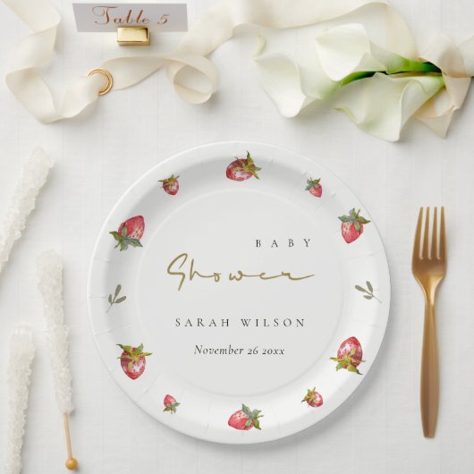 Cute Red Strawberry Leafy Botanical Baby shower Papieren Bordje (Huwelijk)