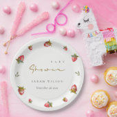 Cute Red Strawberry Leafy Botanical Baby shower Papieren Bordje (Feest)