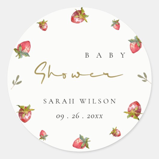 Cute Red Strawberry Leafy Botanical Baby shower Ronde Sticker (Voorkant)