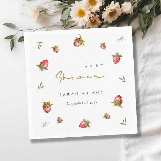 Cute Red Strawberry Leafy Botanical Baby shower Servet