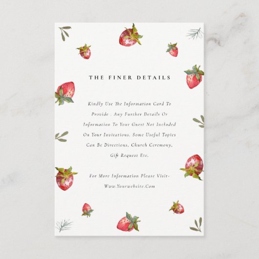 Cute Red Strawberry Leafy Botanical Wedding Detail Informatiekaartje (Voorkant)