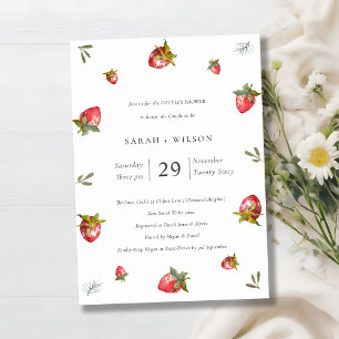 Cute Red Strawberry Leafy Couples Shower Invite Bedankkaart