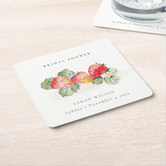 Cute Red Strawberry Leafy Foliage Vrijgezellenfees Kartonnen Onderzetters (Schuin)