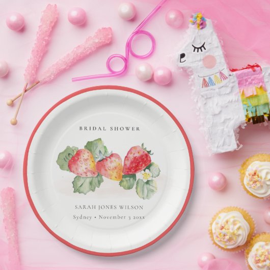 Cute Red Strawberry Leafy Foliage Vrijgezellenfees Papieren Bordje (Feest)