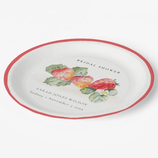 Cute Red Strawberry Leafy Foliage Vrijgezellenfees Papieren Bordje (Gekanteld)
