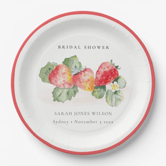 Cute Red Strawberry Leafy Foliage Vrijgezellenfees Papieren Bordje (Voorkant)