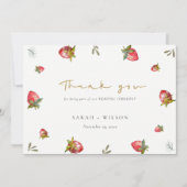 Cute Red Strawberry Leafy Green Botanical Wedding Bedankkaart (Voorkant)