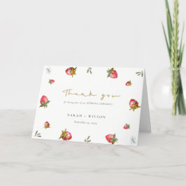 Cute Red Strawberry Leafy Green Botanical Wedding Bedankkaart