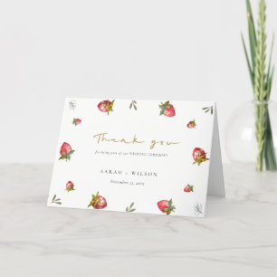 Cute Red Strawberry Leafy Green Botanical Wedding Bedankkaart