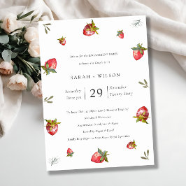 Cute Red Strawberry Leafy Green Verloving Invite Bedankkaart