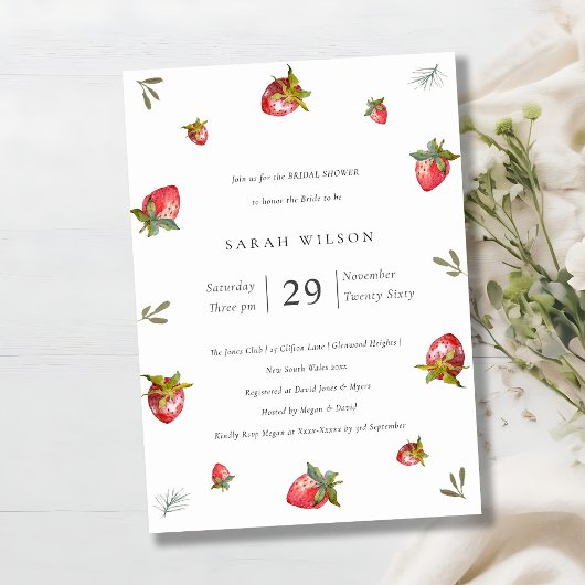 Cute Red Strawberry Leafy Vrijgezellenfeest Invite Bedankkaart