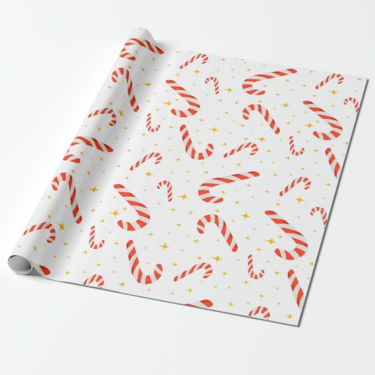 Cute Red Striped Candy Cane Gold Star Cadeaupapier (Uitgerold)