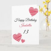 Cute Red Striped Waterverf Hearts 13th Birthday Kaart (Gele Bloem)