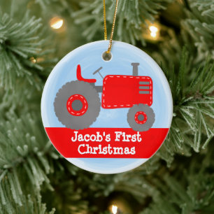 Cute Red Tractor Baby eerste kerstWaterverf Keramisch Ornament