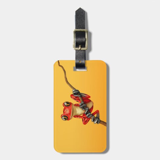 Cute Red Tree Kikker op een vertakking op geel Bagagelabel (Voorkant verticaal)