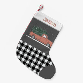 Cute red truck buffalo plaid black white monogram kleine kerstsok