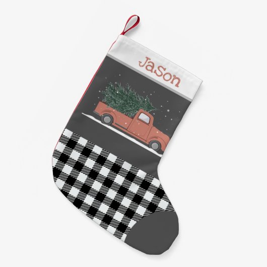 Cute red truck buffalo plaid black white monogram kleine kerstsok (Voorkant (Hangend))