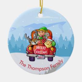 Cute Red Truck Kerstwinter Santa Elf Reindeer Keramisch Ornament