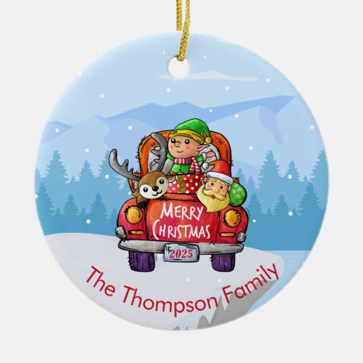 Cute Red Truck Kerstwinter Santa Elf Reindeer Keramisch Ornament (Voorkant)