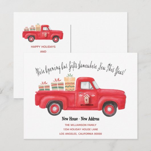 Cute Red Truck We hebben vakantieadres verplaatst Aankondigingskaart (Voorkant / Achterkant)