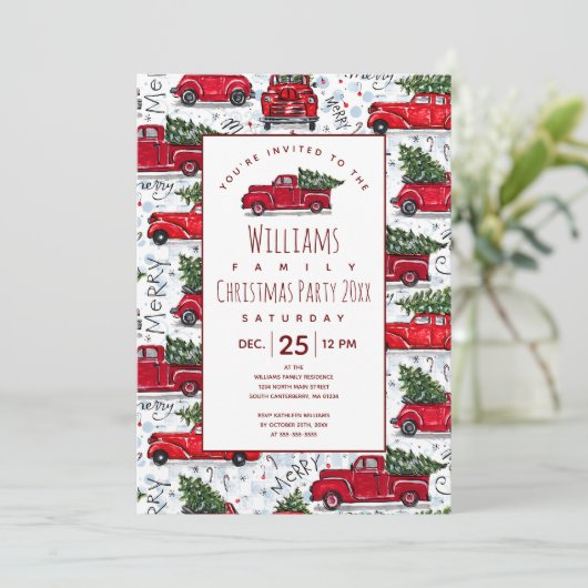 Cute  Red Trucks - kerstuitnodiging Kaart (Staand voorkant)