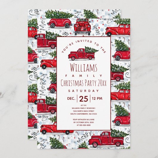Cute  Red Trucks - kerstuitnodiging Kaart (Voorkant / Achterkant)