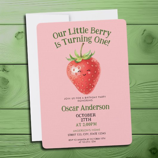 Cute Red Watercolor Strawberry First Birthday Kaart