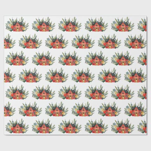 Cute Red Waterverf kerst House Pattern Cadeaupapier (Vlak)