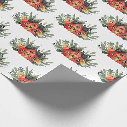 Cute Red Waterverf kerst House Pattern Cadeaupapier (Hoek)