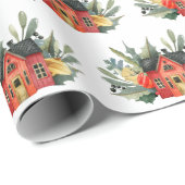 Cute Red Waterverf kerst House Pattern Cadeaupapier (Rol Hoek)