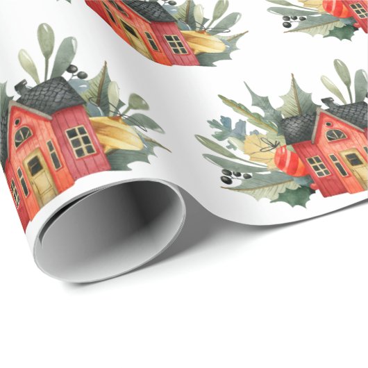 Cute Red Waterverf kerst House Pattern Cadeaupapier (Rol Hoek)